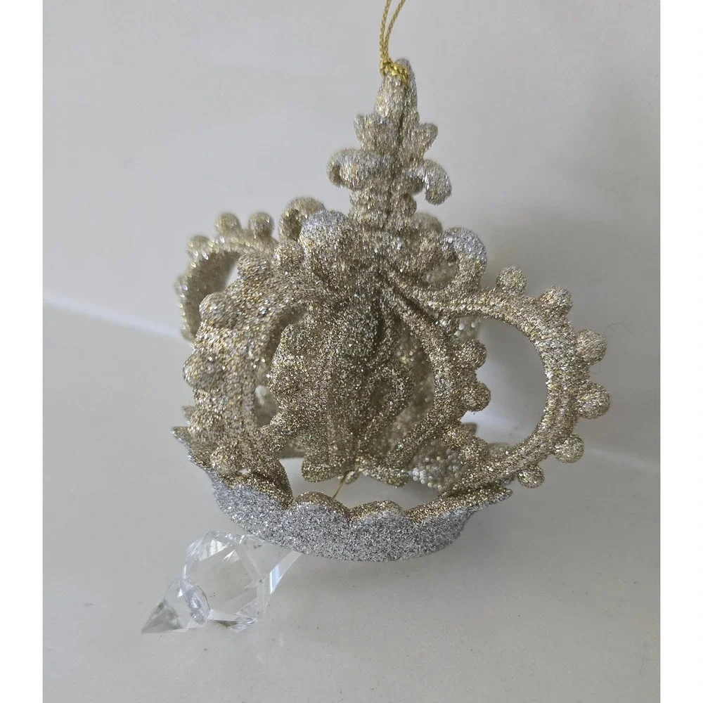 New Kurt Adler Gold Silver Glitter Crown Christmas Ornaments Crystals Set of 2